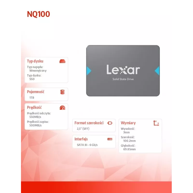 2,5 colio SATA III SSD Lexar NQ100 1 TB – 550 MB/s skaitymas, 6 Gbit/s perdavimas