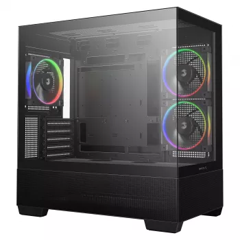 PC korpusas Midi Tower DeepCool CG380 3F – juodas, 235×437×451 mm, su 2x120 mm šoniniais ir 1x120 mm galiniu ventiliatoriumi, maitinimo šaltinis apačioje, 2,5 colio/3,5 colio kietieji diskai