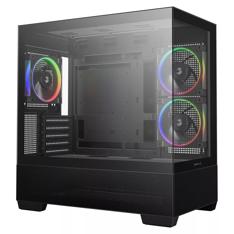 PC korpusas Midi Tower DeepCool CG380 3F – juodas, 235×437×451 mm, su 2x120 mm šoniniais ir 1x120 mm galiniu ventiliatoriumi, maitinimo šaltinis apačioje, 2,5 colio/3,5 colio kietieji diskai