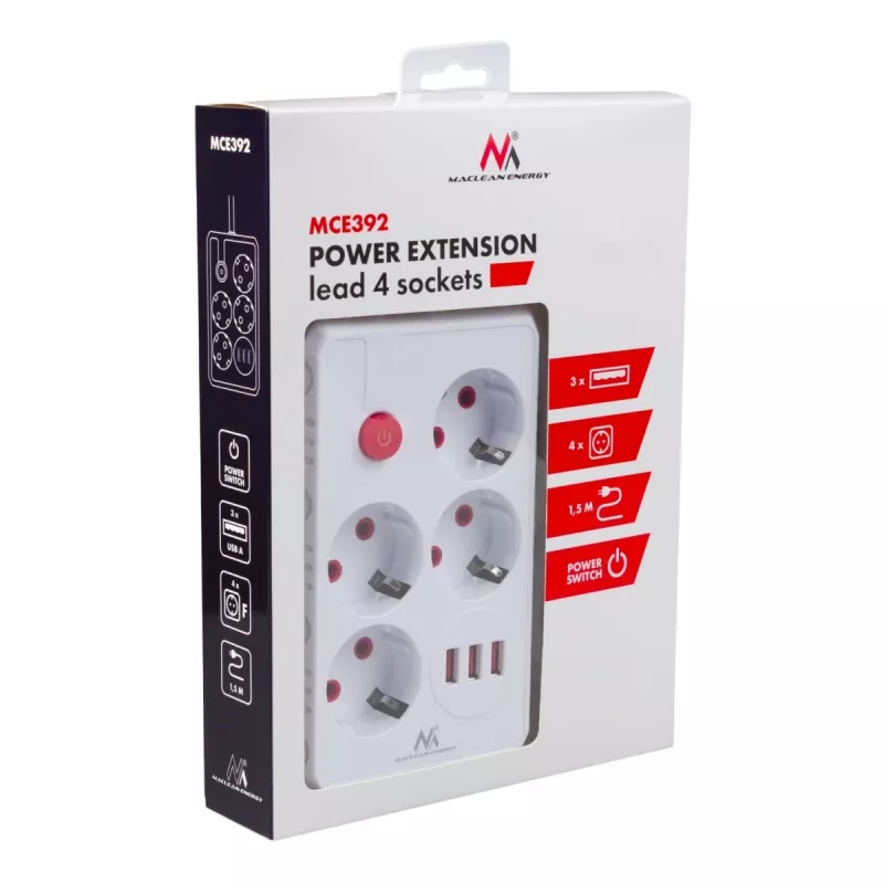 Ilgintuvas MACLEAN MCE392 W – 4 kištukiniai lizdai, 3×USB-A, 110–240V, 2.1A, 2500W, 1,5 m laidas, baltas
