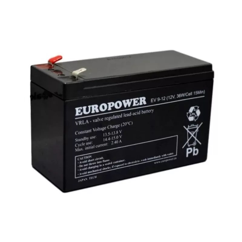 Švino rūgšties sandarus akumuliatorius europower EV 12-9 — 12 V 9 Ah UPS ir atsarginiam maitinimui