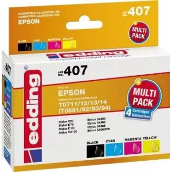 edding kasetės EDD-407 juoda, žydra, purpurinė, geltona, suderinamos su EPSON T0715, 4 vnt. rinkinys