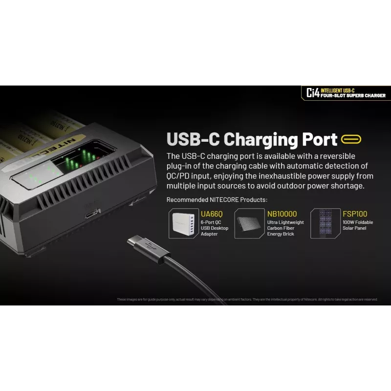 Nitecore Ci4 įkroviklis – universalus USB įkroviklis Li‑Ion, NiCd, NiMH baterijoms, 5/9/12V, 3A, plastikinis