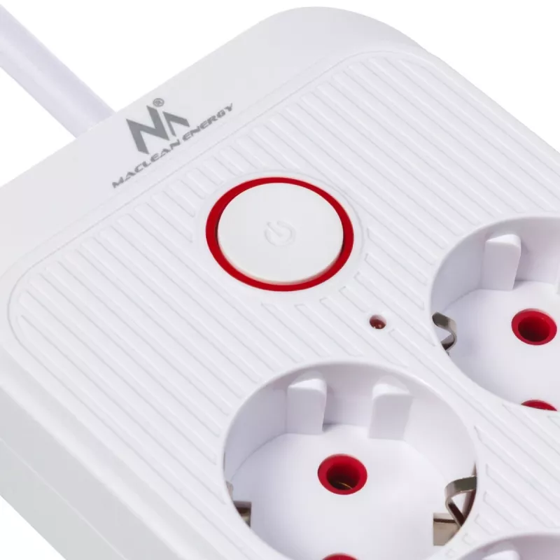 Maitinimo blokas MACLEAN MCE389 W – 6 kištukinių lizdų, 4×USB-A, 1×USB-C, 2500W, 110–240V, 1,5 m laidas, baltas
