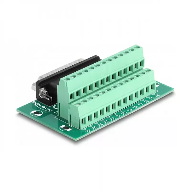 DeLOCK 66911 D-Sub 25 kontaktų kištuko ir 26 kontaktų gnybtų bloko adapteris montuoti ant DIN bėgelio
