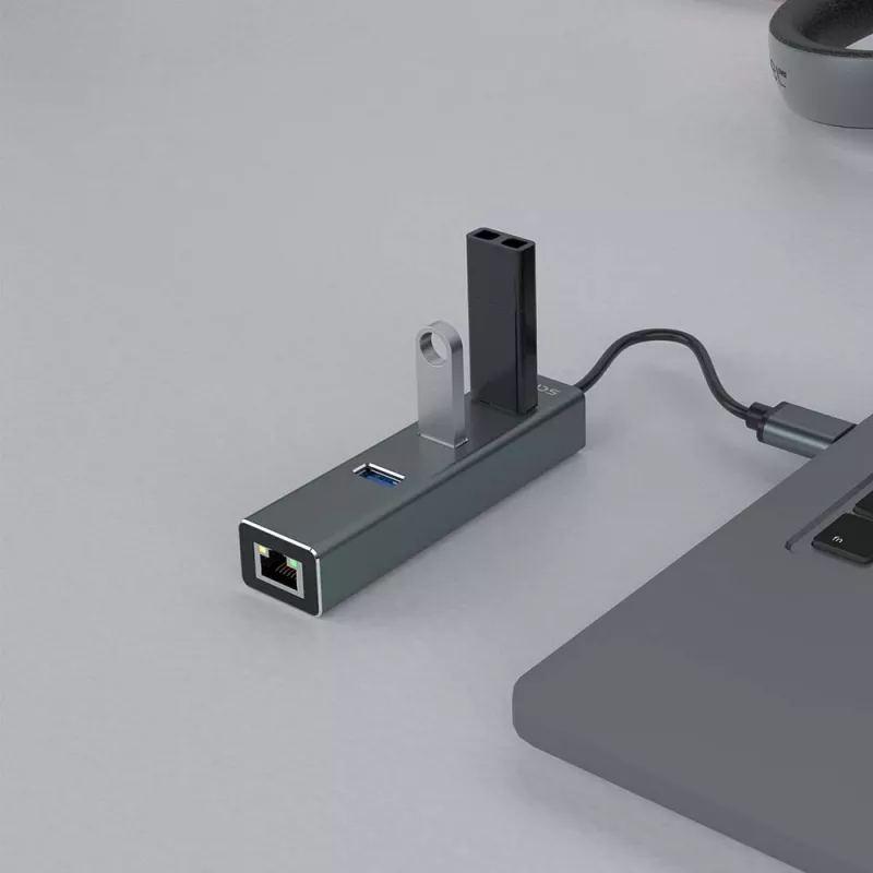 SAVIO USB-A stotelė su RJ-45 Gigabit Ethernet AK-57 — 3× USB-A + RJ-45, USB 3.2 Gen 1 Micro‑B pagrindinis, 5 Gbit/s, 4 prievadai, pilka