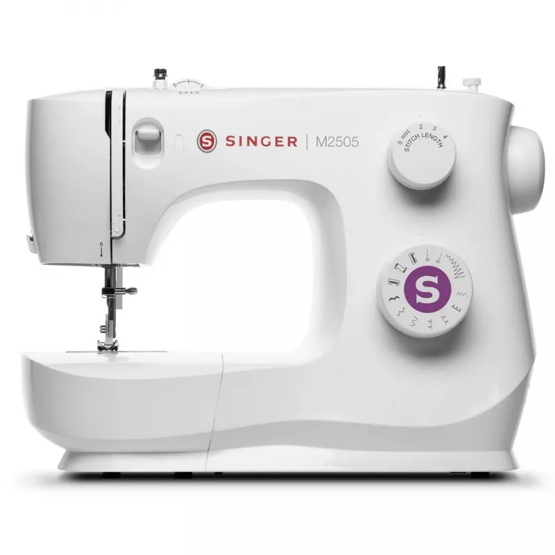 SINGER mechaninė siuvimo mašina M2505 – 10 siūlių, automatinė sagos skylutė, laisva rankovė, balta
