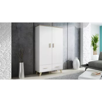 Spinta cama meble LOTTA 2D2D, 2 durys, Sonoma ąžuolo rėmas su baltais fasadais, 1100×550×1900 mm