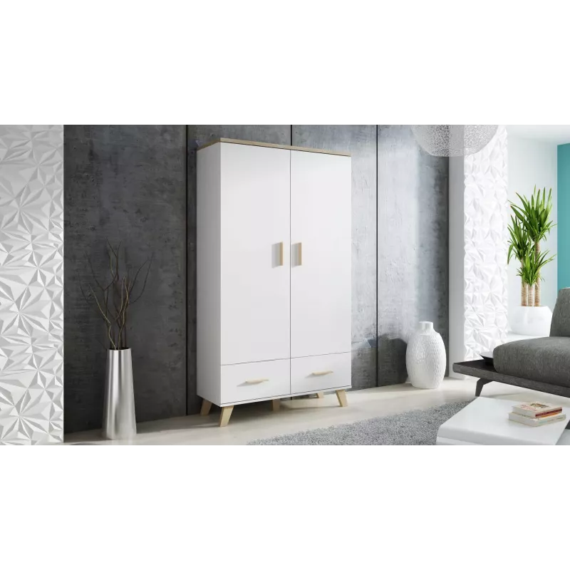 Spinta cama meble LOTTA 2D2D, 2 durys, Sonoma ąžuolo rėmas su baltais fasadais, 1100×550×1900 mm