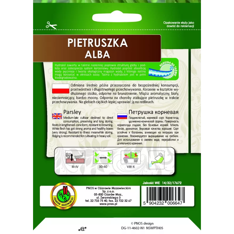 Sėklų juosta Apte Pietruszka Alba 6 m – vidutinio vėlyvumo petražolės perdirbimui