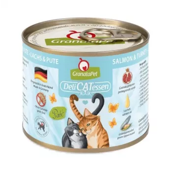 Šlapias kačių ėdalas Fox4Pets DeliCATessen Lašiša ir Kalakutiena 200 g – be grūdų, be glitimo, suaugusioms katėms, visavertis pašaras