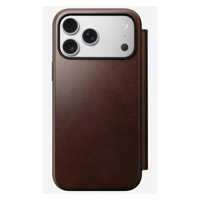 Nomad Modern Leather Folio dėklas iPhone 17 Pro Max — Ruda oda, 6,3 colio ekranas, 4 kortelių kišenės