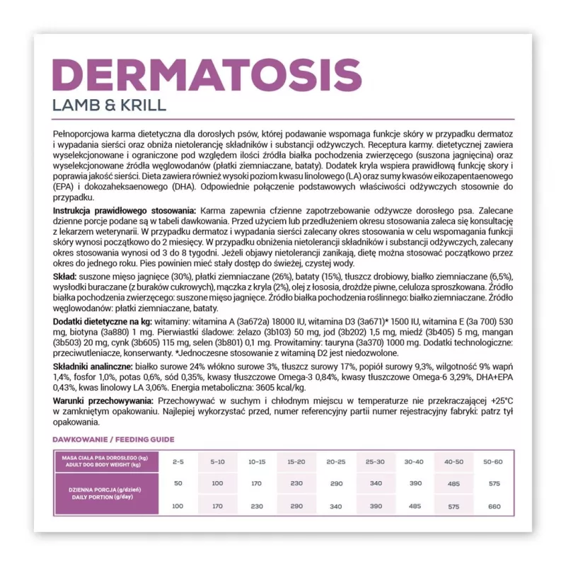 Sausas šunų ėdalas VETEXPERT Veterinary Diet Dermatosis Ėriena ir Krilis, 2 kg, suaugusiems šunims, baltymai 24%, riebalai 17%