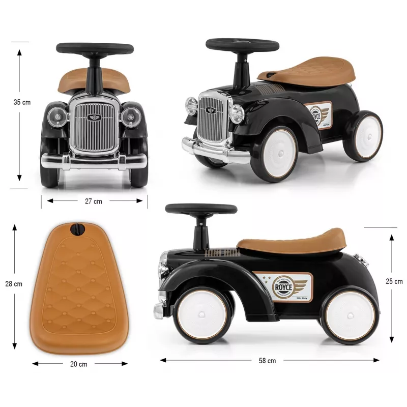Vaikiškas paspirtukas Milly Mally Royce juodas – stumdomas automobilis, kompaktiškas dizainas, modelis 5923