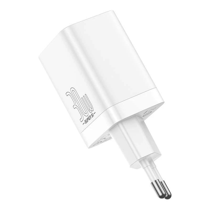 Baseus Super Si Pro greitasis įkroviklis USB + USB-C 30W (baltas)