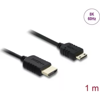HDMI kabelis DELOCK 81684 — 1 m, HDMI A tipo (vyriškas) į HDMI C tipo (vyriškas), 48 Gbit/s, 7680×4320, juodas