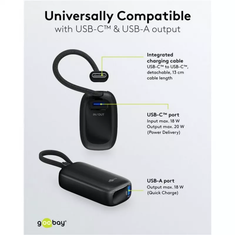 Powerbankas 5000 mAh su integruotu USB-C laidu 13 cm, 20 W, juodas