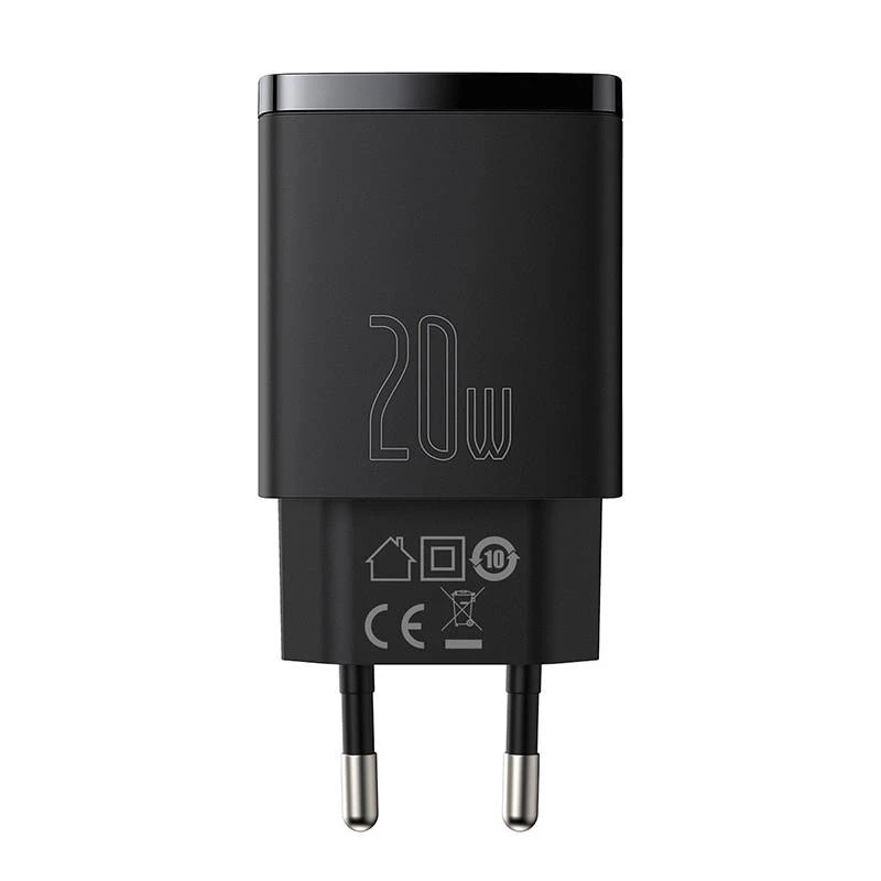 USB greitasis įkroviklis Baseus CCXJ-B01 — 2 prievadai (USB-C PD 20W + USB-A QC3.0 18W), 100–240V, Juodas