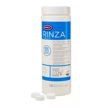 Valymo tabletės URNEX Rinza M61 — 120 vnt., pieno putotuvui valyti, baltos, 480 g pakuotė