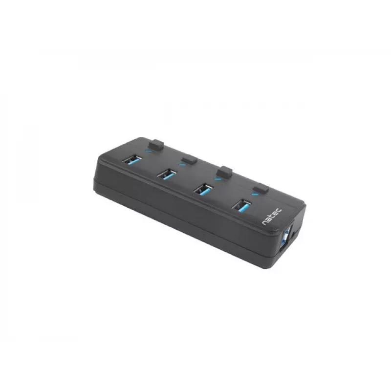 USB šakotuvas NATEC MANTIS USB 2.0 Type-B — 4x USB 3.2 Gen 1 Type-A, juodas, 0,8 m laidas, maitinimo adapteris, maitinimo jungiklis