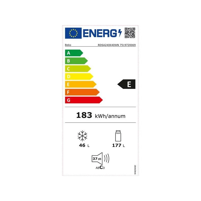 Šaldytuvas BEKO RDSA240K40WN, energijos klasė E, aukštis 146,5 cm, baltas