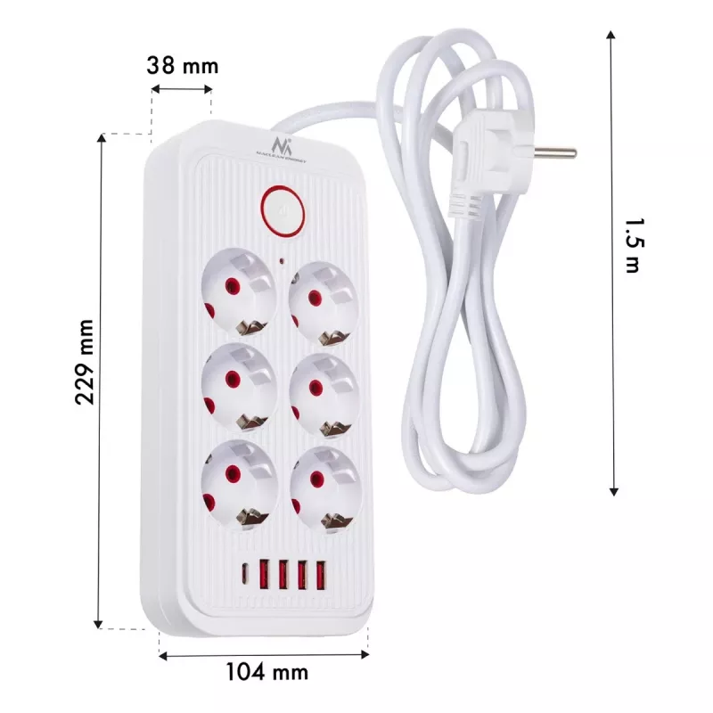 Maitinimo blokas MACLEAN MCE389 W – 6 kištukinių lizdų, 4×USB-A, 1×USB-C, 2500W, 110–240V, 1,5 m laidas, baltas