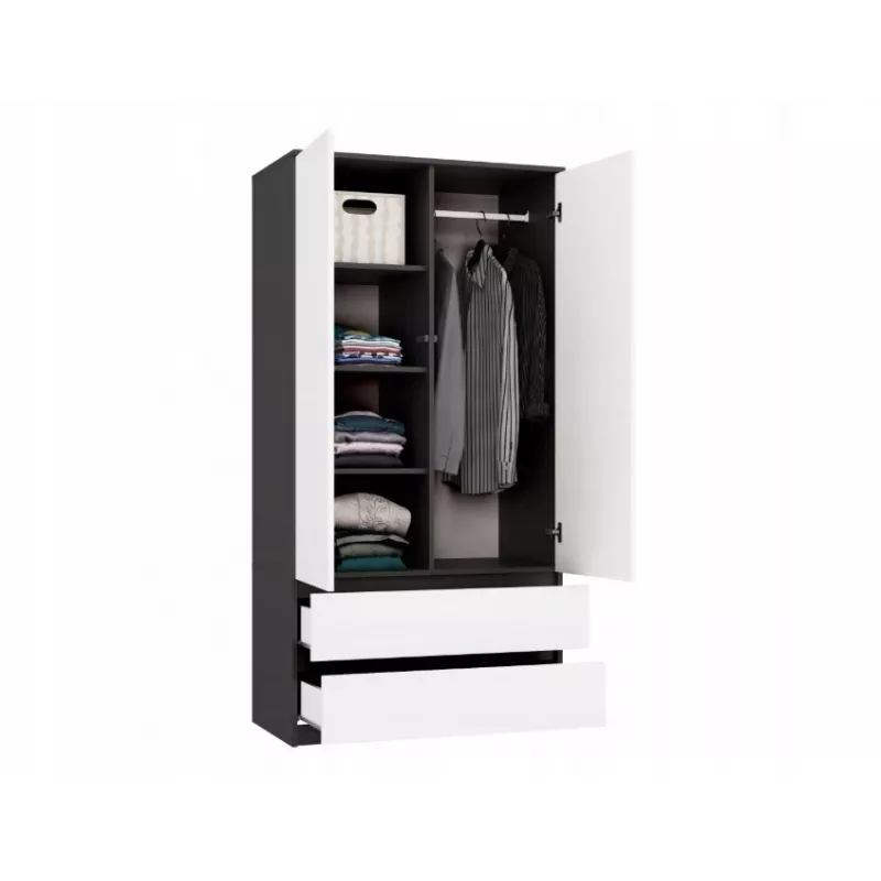 Spinta MALWA SS-90 90×180×50 cm, antracitinis rėmas, balti varstomi durys, 2 stalčiai, laminatas 16 mm