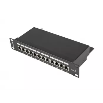 Patch panel Lanberg PPF6-9012-B — 12 prievadų RJ45, metalinis, juodas, 1U (215×44,5×130 mm)
