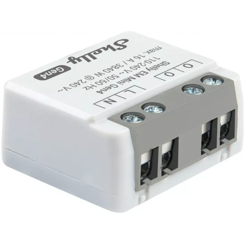 Šviesos relė Shelly Relay EM Mini Gen4 1 kanalo Wi‑Fi Matter Zigbee Bluetooth 8A, 110–240V, energijos matuoklis