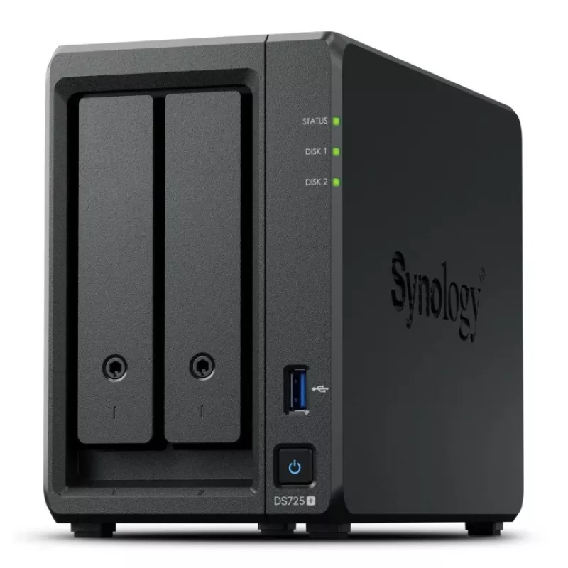 NAS Synology DiskStation DS725+ 2 lizdai Ryzen R1600 4GB DDR4 ECC, 2,5GbE, 2x M.2, RAID palaikymas, 0TB, Juoda