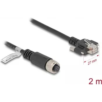 Tinklo kabelis DeLOCK M12 A-koduotas 8 kontaktų jungtis moteriška į RJ45 kištuką Cat.5e 2 m juodas