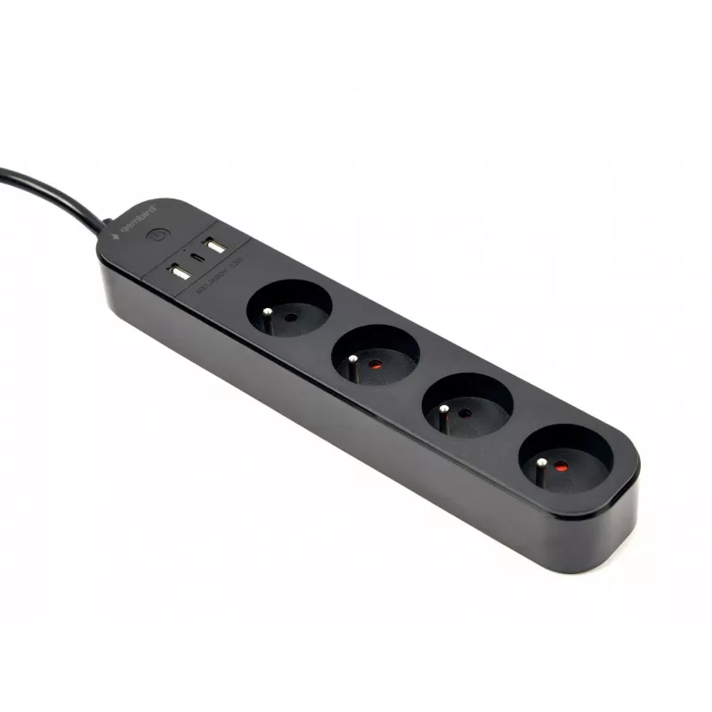 Maitinimo blokas GEMBIRD TSL-PS-F4U-02 su 4 PL kištukiniais lizdais ir USB įkrovikliu, juodas