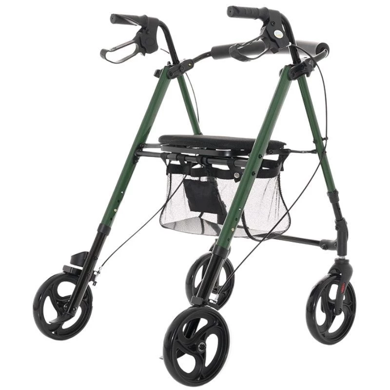 Vaikštynė su sėdyne ir krepšiu MDH Green, aliumininis rėmas, 4 ratai, reguliuojamas aukštis, maks. apkrova 136 kg