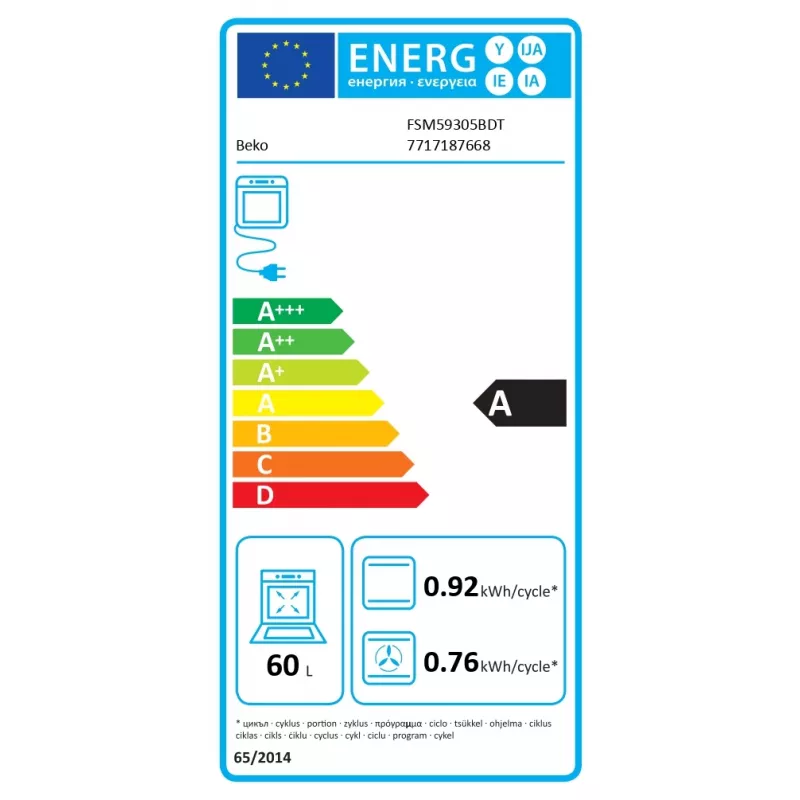 Indukcinė viryklė su elektrine orkaite Beko FSM59305BDT, 60 L, 50 cm, juoda, A energijos klasė, 4 zonų indukcinė kaitlentė su boost