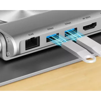 Unitek D1109B01 stovas nešiojamam kompiuteriui – aliumininis reguliuojamas stovas su nuimamu USB‑C HDMI 4K PD 100W, 2x USB‑A, RJ‑45, iki 17 colių