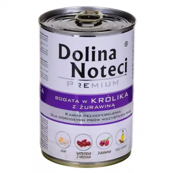 Šlapias šunų ėdalas dolina noteci Premium su triušiena ir spanguolėmis 400 g — suaugusiems, be grūdų, be glitimo, 12% baltymų