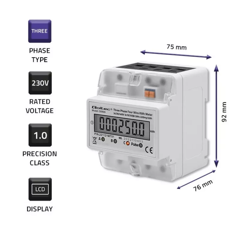 Trifazis elektroninis elektros energijos skaitiklis QOLTEC 50900 400V LCD 4P