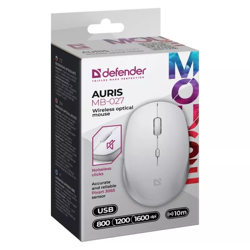 Belaidė pelė tyliu spragtelėjimu AURIS MB-027 800/1200/1600 DPI balta