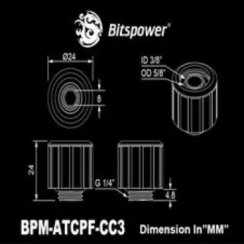 BitsPower tiesioginė jungtis G1/4 išorinis sriegis prie 16/10 mm žarnos — matinė juoda