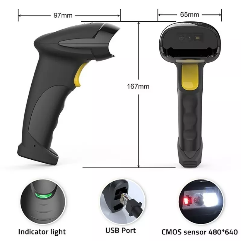 Nešiojamas 1D/2D laidas brūkšninių kodų skaitytuvas QOLTEC 50853 — USB, ABS korpusas, 1,65 m laidas, 97×65×167 mm, 105 g