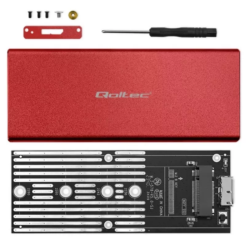 QOLTEC 51831 išorinis SSD dėklas M.2 SATA diskams, USB 3.0, raudonas, iki 2 TB, 30 mm, 4 diskai