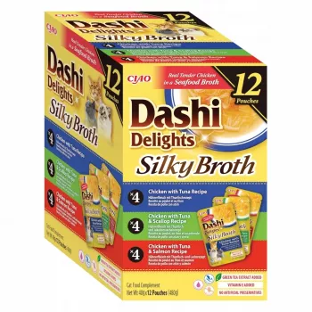 Šlapias kačių ėdalas INABA Dashi Delights Silky Broth Vištienos mišinys, 12×40 g paketėliai, suaugusioms katėms