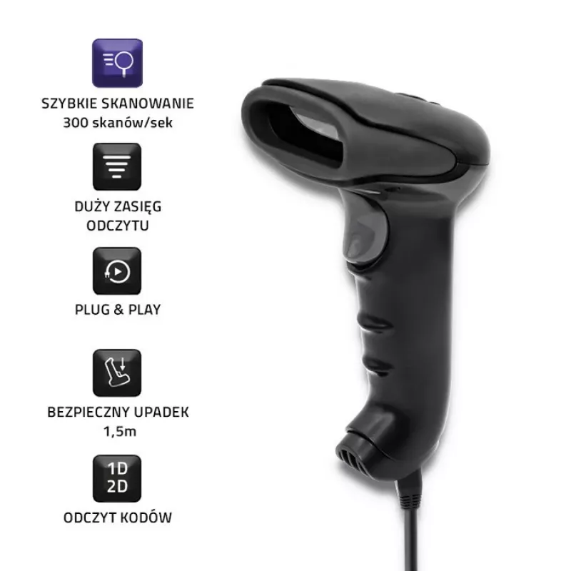 Nešiojamas brūkšninių kodų skaitytuvas QOLTEC 50868 – 1D/2D lazerinis skaitytuvas, USB laidinis ir belaidis, veikimo atstumas 600 mm, juodas