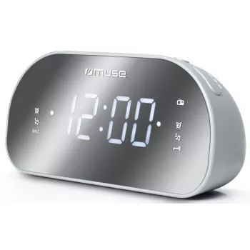 Laikrodinis radijas Muse M-170CMR – skaitmeninis laikrodis su FM radiju, 1,2 colio LED ekranu, 230V, AAA atsarginis maitinimas, veidrodinis/baltas
