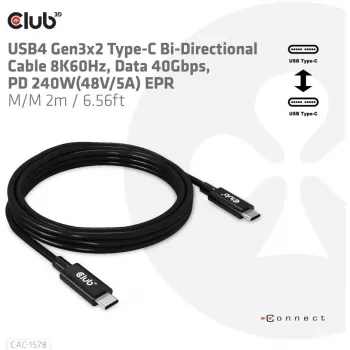 CLUB3D USB4 Gen3x2 Type-C abipusis laidas 8K60Hz, duomenys 40Gbps, PD 240W(48V/5A) EPR M/M 2m / 6.56ft
