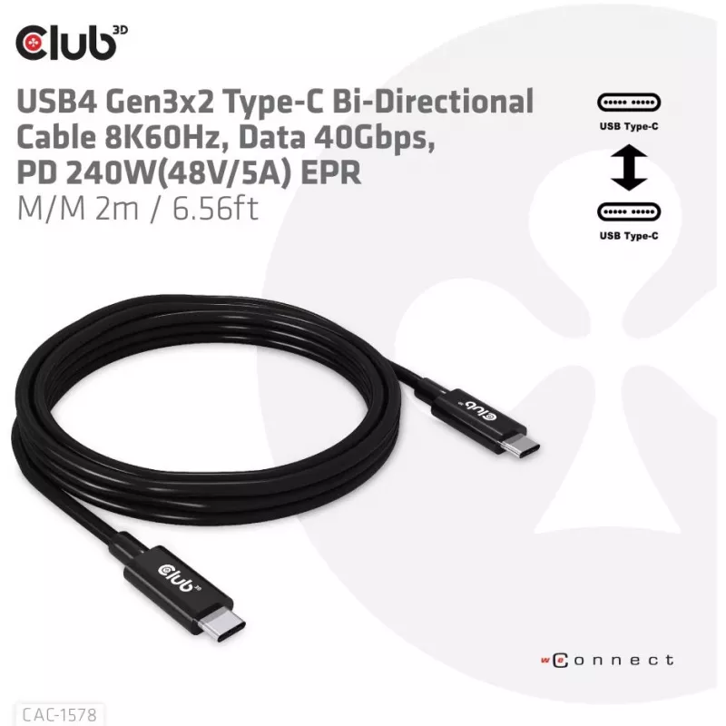 CLUB3D USB4 Gen3x2 Type-C abipusis laidas 8K60Hz, duomenys 40Gbps, PD 240W(48V/5A) EPR M/M 2m / 6.56ft