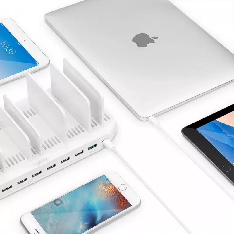 Įkrovimo stotelė Unitek Y-2190A — 10× USB prievadų (8×USB 2.0 + 2×USB 3.2 Gen1), belaidis įkrovimas, 96 W