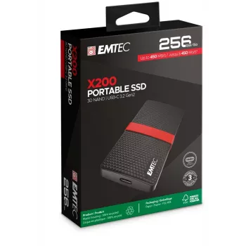 SSD nešiojamas Emtec X200 256GB USB Type-C 3.2 Gen 1 juoda raudona