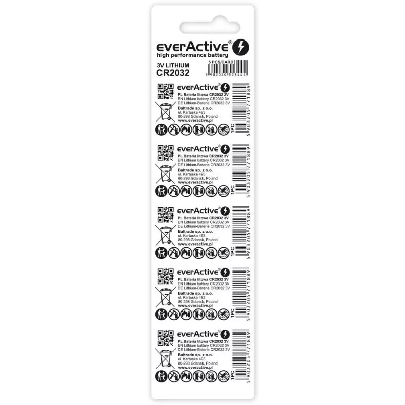 Lithio baterijos everActive CR2032 – lizdinė pakuotė 5 vnt.