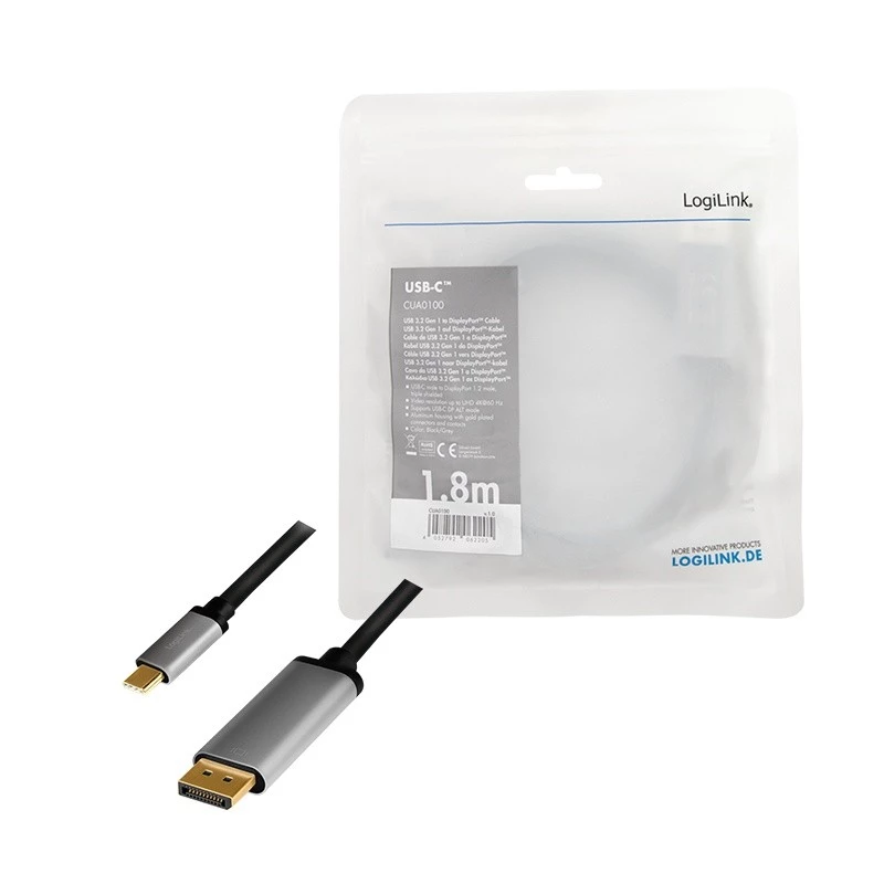 LogiLink CUA0100 Laidinio keitiklio adapteris DisplayPort USB 3.2 Gen1 Type-C 1,8 m juoda pilka
